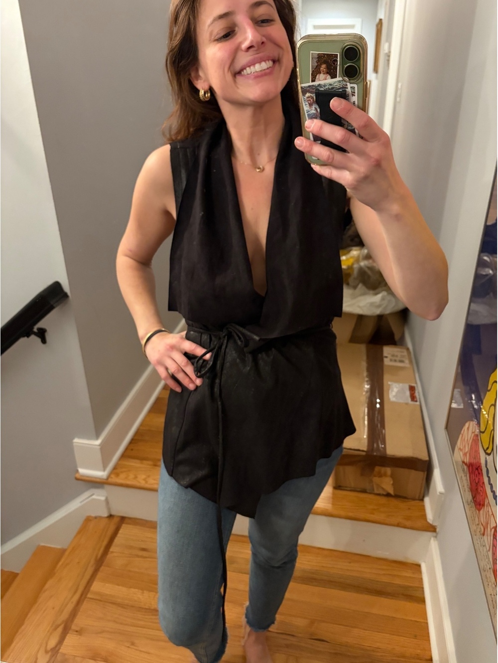 NWOT Zara Woman Black Faux Suede Metallic Waterfall Belted Vest boho